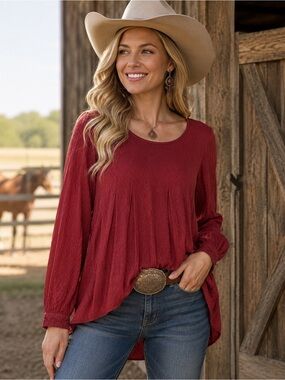 Ariat Women Burgundy Rayon Tunic Top Long Sleeve Size Medium
